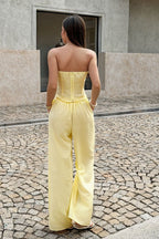 Conjunto de pantalones holgados de lino sin tirantes de color amarillo