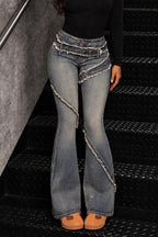 Raw Edge Crisscross Panel Flare Jeans