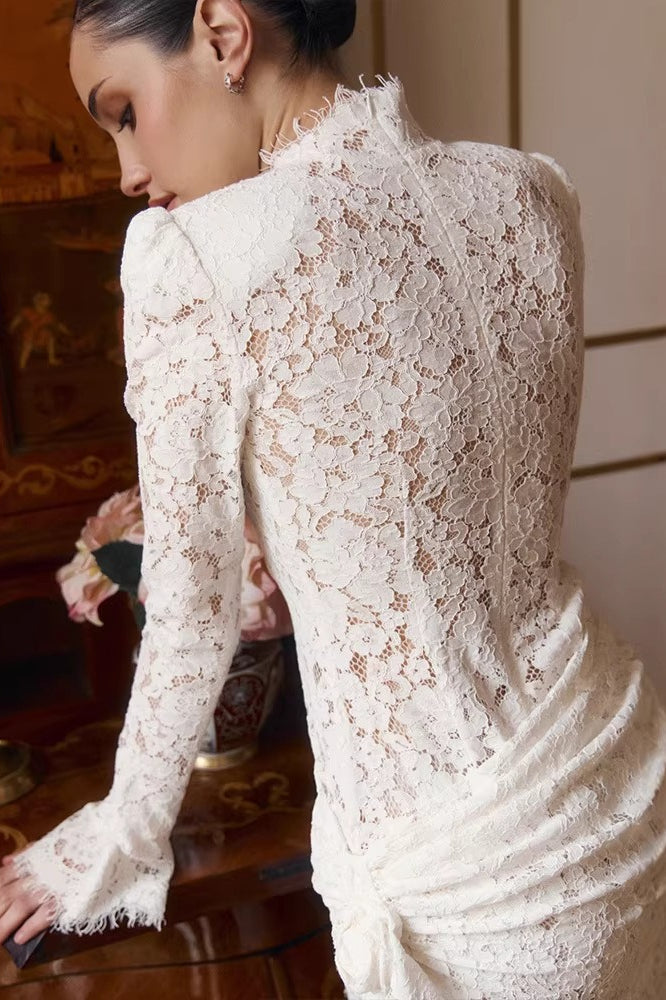 Lace Shoulder Pad Bodycon Long Sleeve Mini Dress