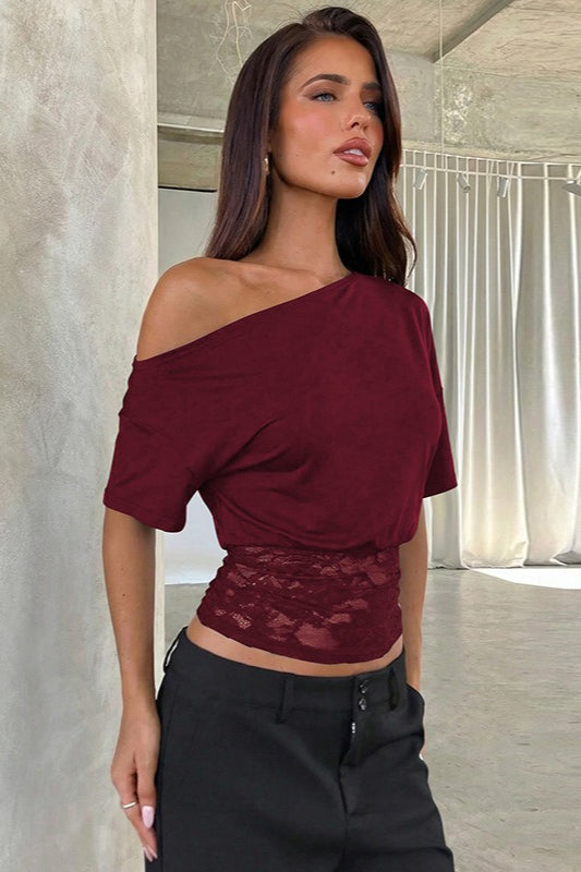 Asymmetrical Shoulder Lace Patchwork Cropped Tee