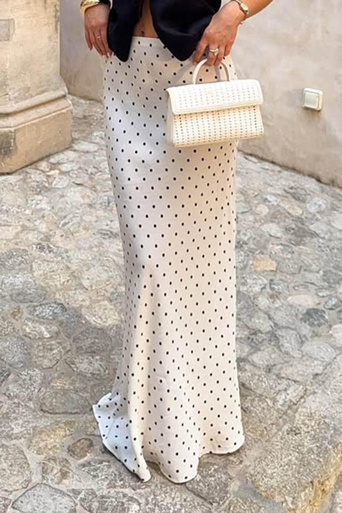 Elegant Satin Polka Dot Mermaid Maxi Skirt