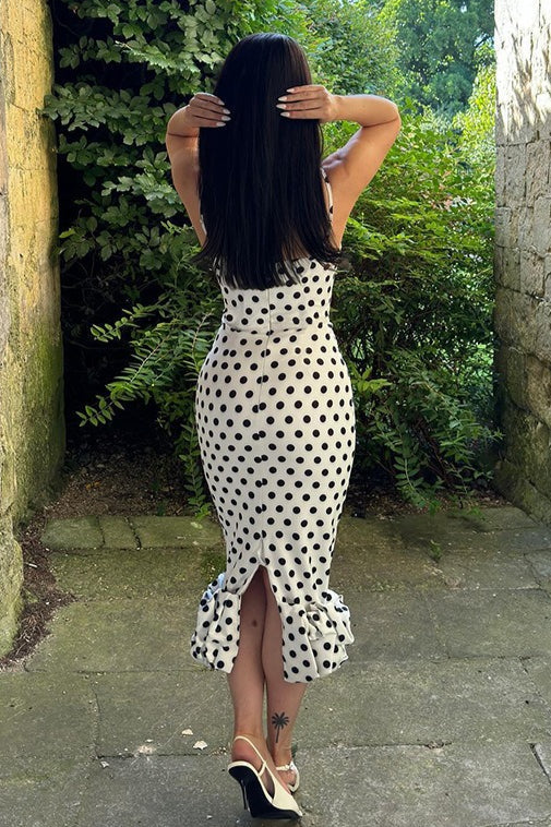 Vestido Midi de Lunares, Cami con Ribete de Encaje y Lazo en la Cintura