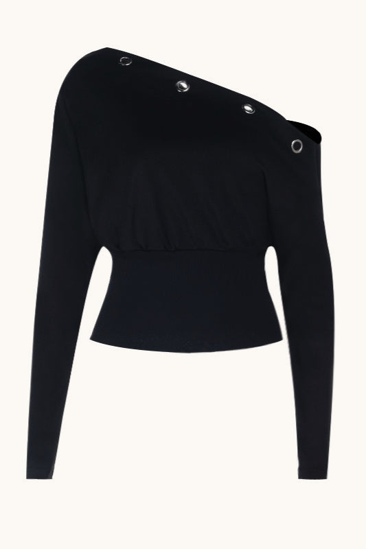 Grommet Asymmetric Off Shoulder Cropped Tee