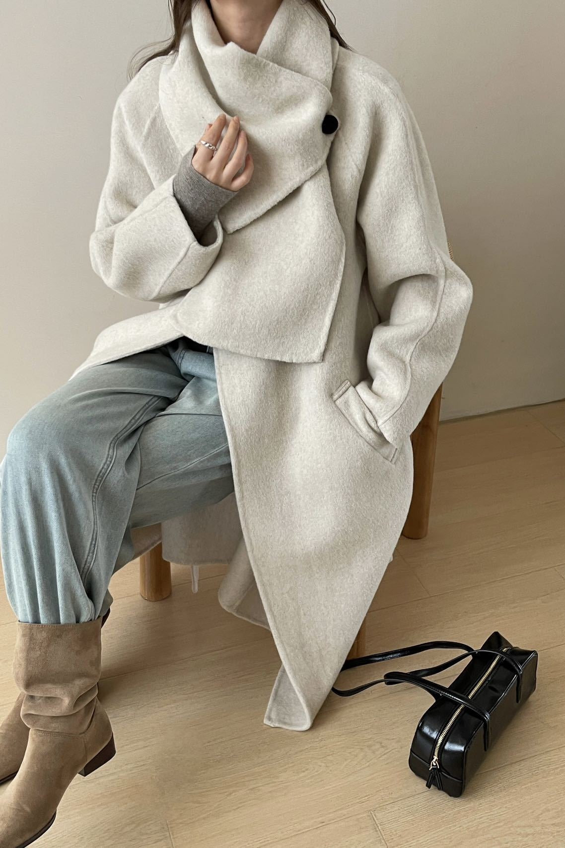 Wool Reversible Midi Scarf Style Overcoat
