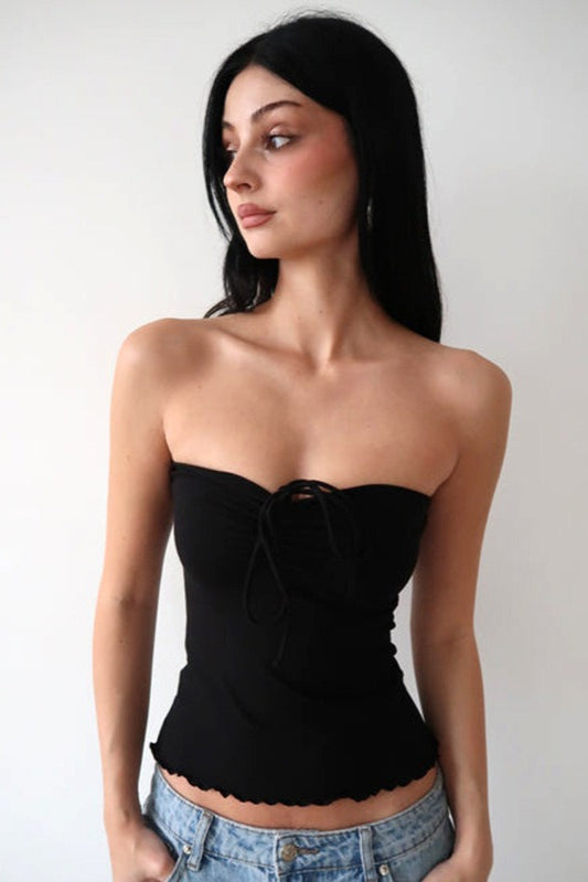 Ruched Strapless Backless Ruffle Tie Tube Top