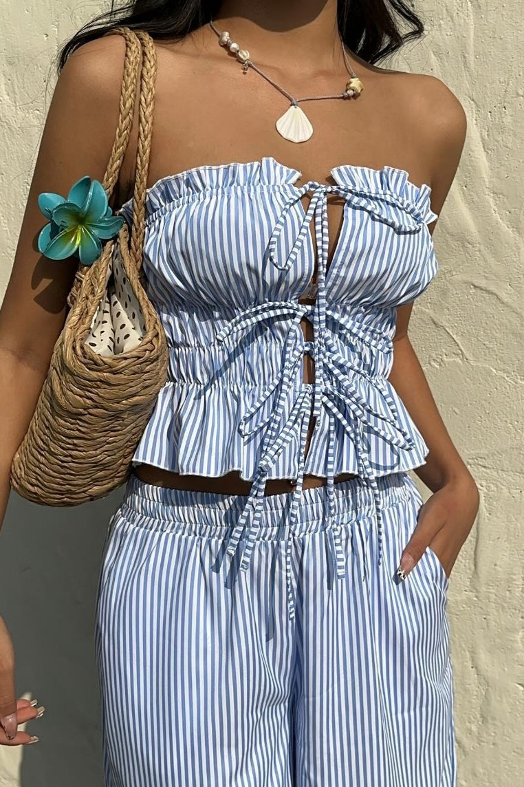 Striped Tie Front Tube Top Pants Set