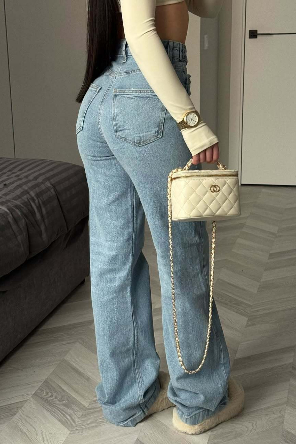 Asymmetric Waist Slim Flare Leg Jeans
