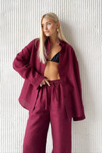Conjunto de camisa de algodón de manga larga con botones y pantalones