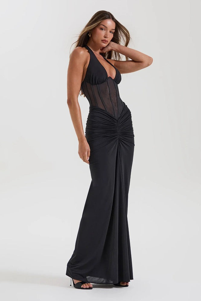 Halter Panel de Malla Vestido Maxi