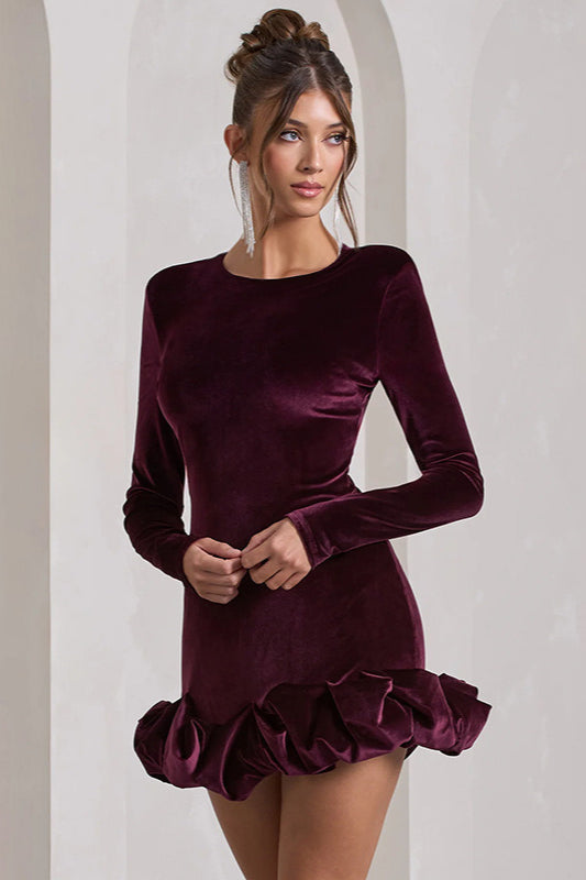 Vestido Midi de Terciopelo, Cuello Redondo, Fruncido