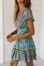 Mini V Neck Floral Print Boho Dress