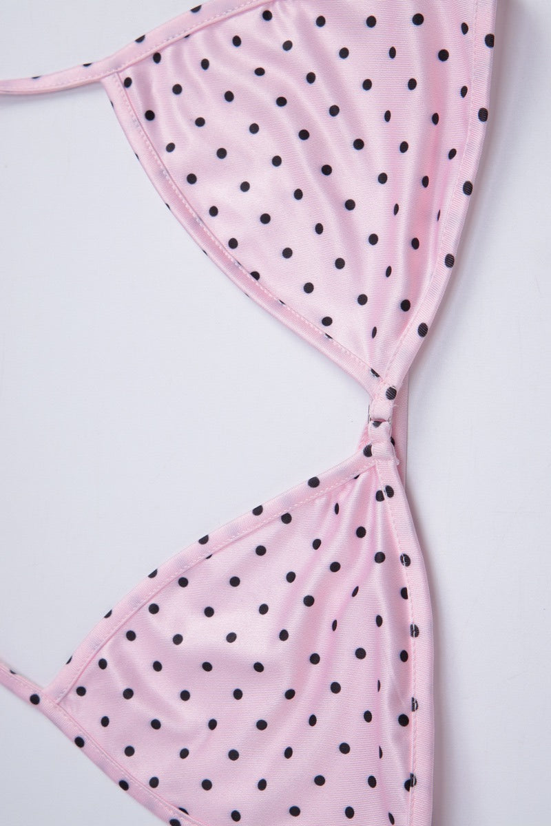 Pink Polka Dot Halter Skirt Style Three Piece Swim Set