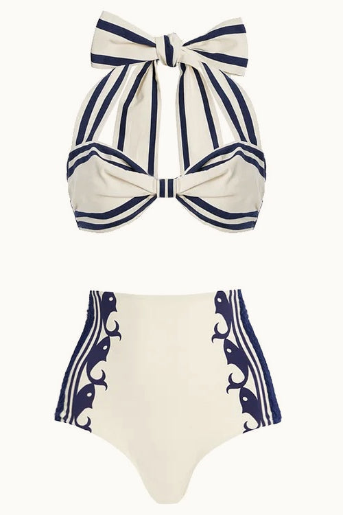 Navy Halter High Waist Three Piece Swim Set