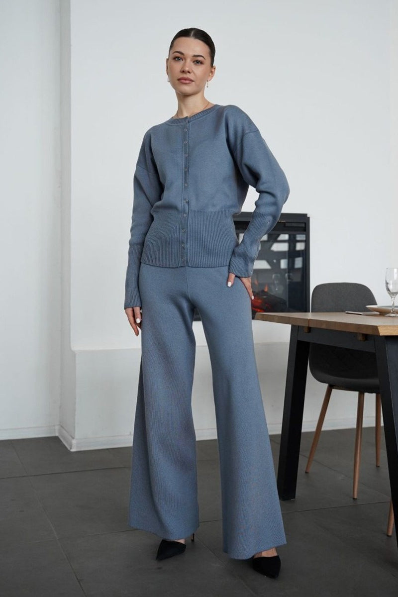 Round Neck Button Cardigan Flared Pants Knit Set