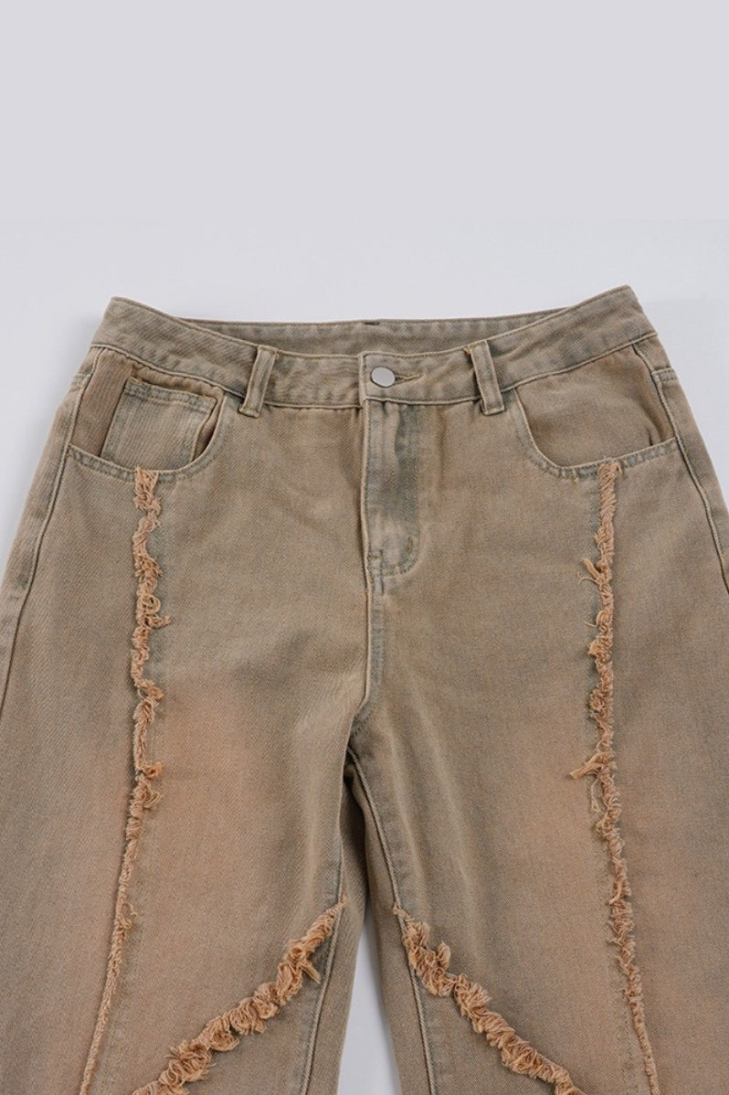 Distressed Frayed Detail Panel Straight Leg Jeans