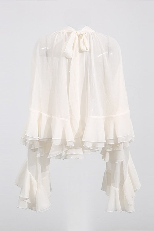 Gasa En Capas Volantes Manga Larga Crop Blusa