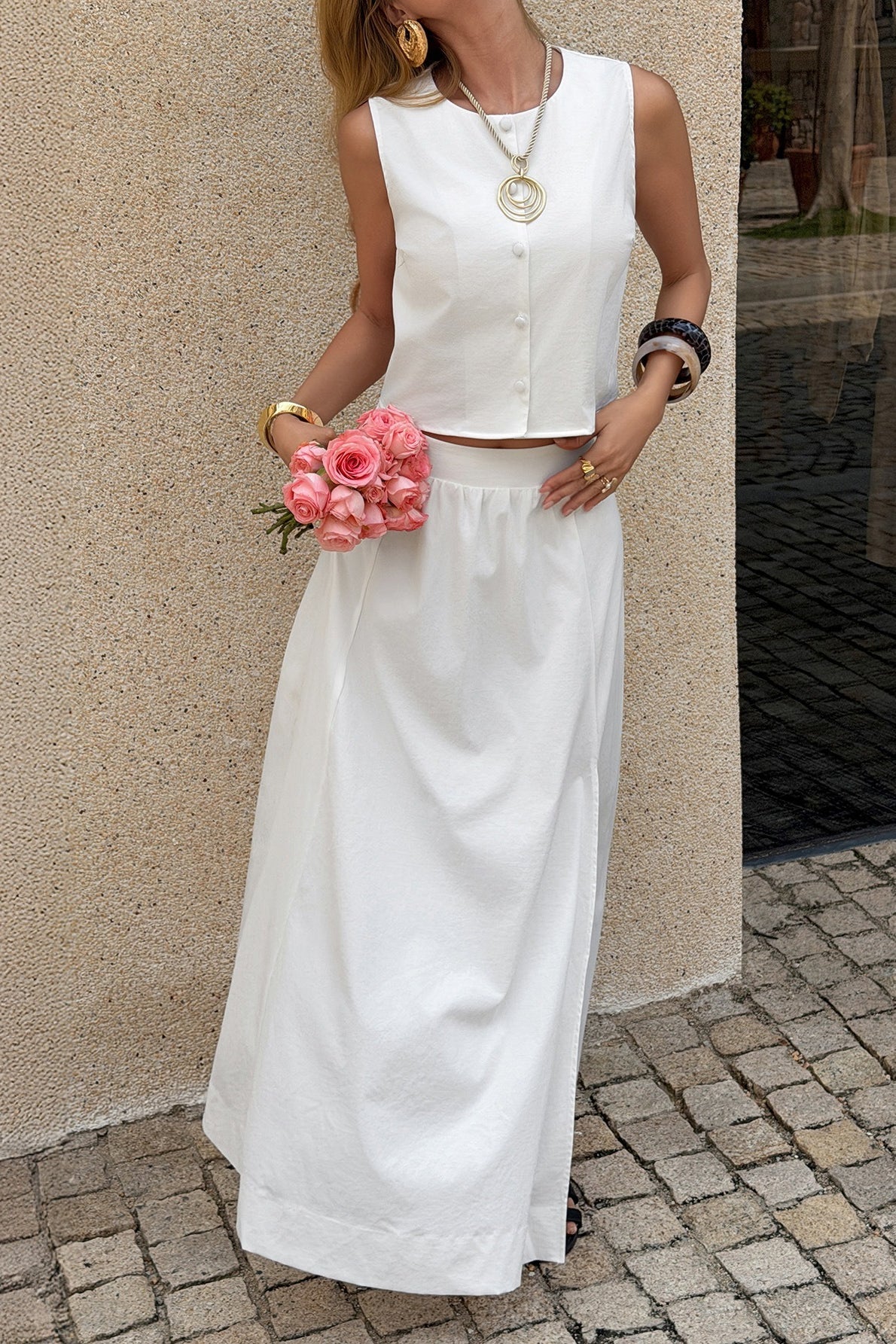 Minimalist Solid Crew Neck Maxi Skirt Set