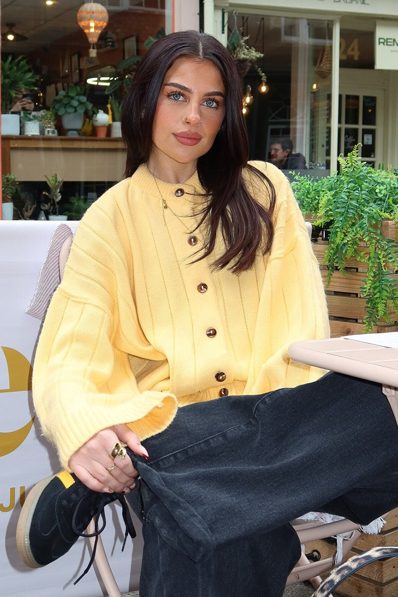 Yellow Ribbed Round Neck Knit Cardigan