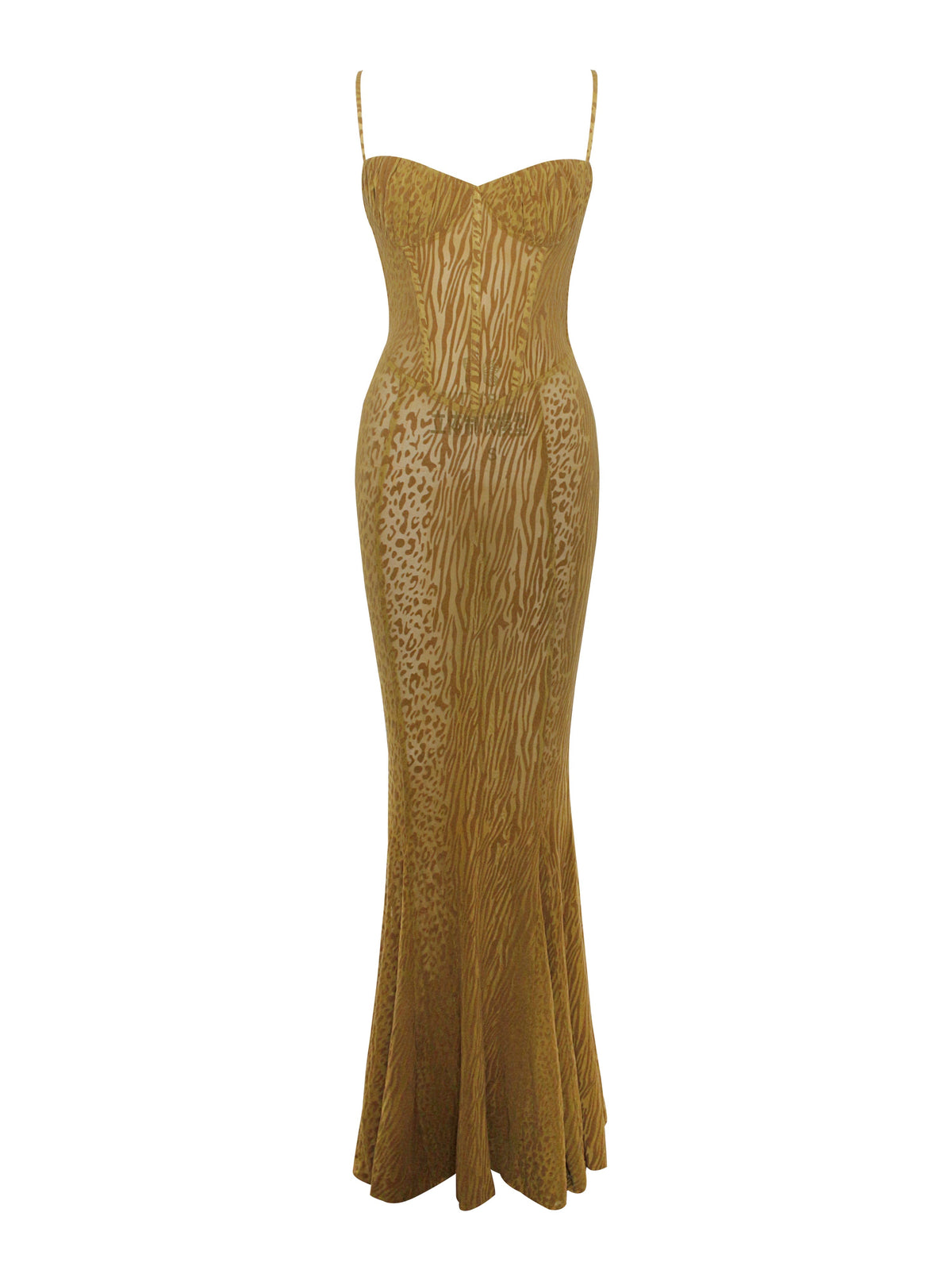 Ulani Dorado Terciopelo Devoré Detalle Elegante Malla Vestido Maxi