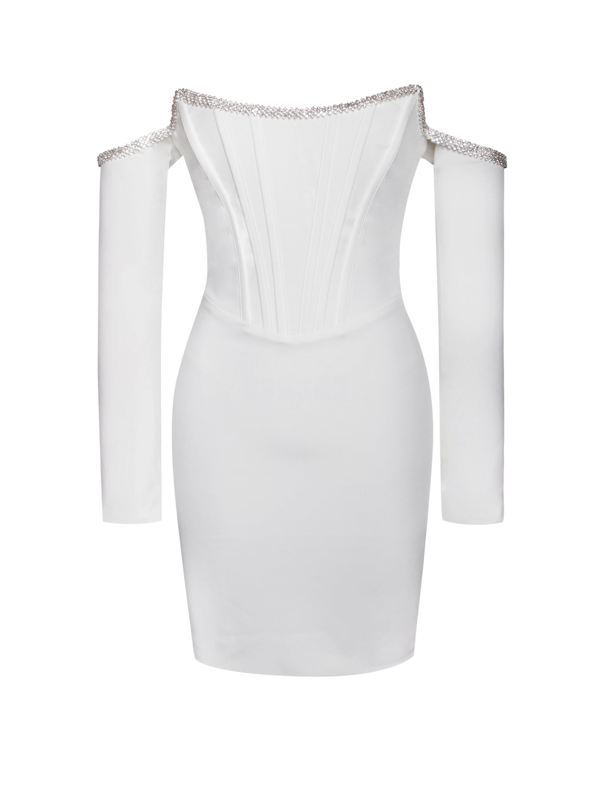 Vestido Corset Annika Blanco Off Shoulder con Manga Larga y Detalle de Cristales