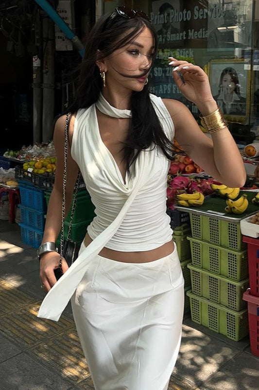 Tie Strap Draped Neck Cinched Crop Top