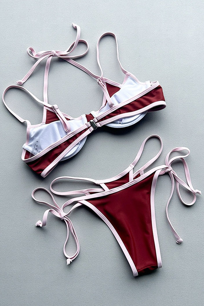 Contrast Patchwork Side Tie Layered Bikini Set