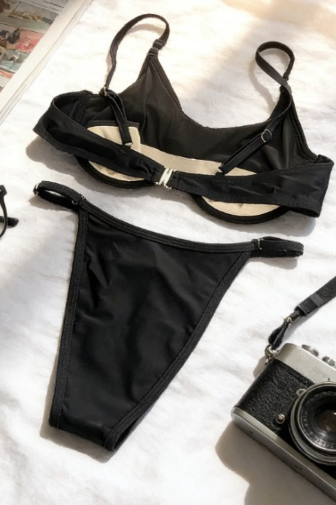 Black Hollow Strappy Metal Ring Bikini Set