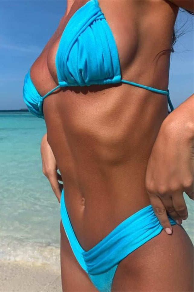 Minimal Solid Ruched Strappy Bikini Set
