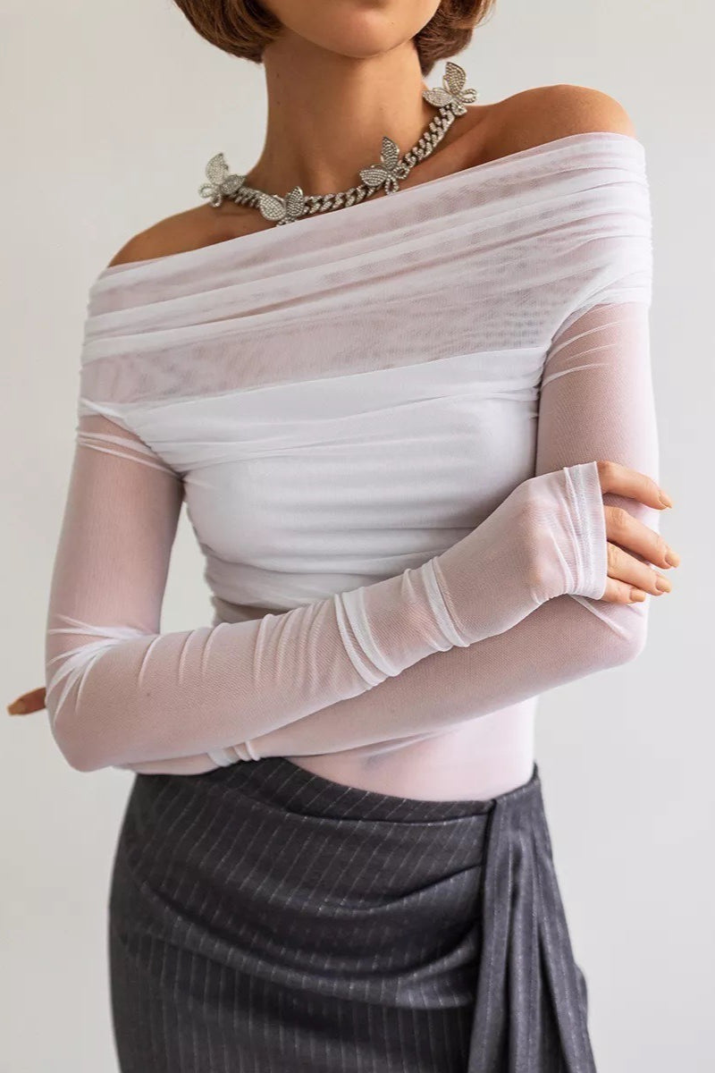 Off Shoulder Sheer Mesh Slim Fit Long Sleeve Tee
