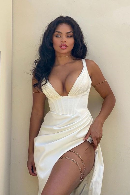 Satén Escote en V Bustier Con Abertura Vestido de Cóctel