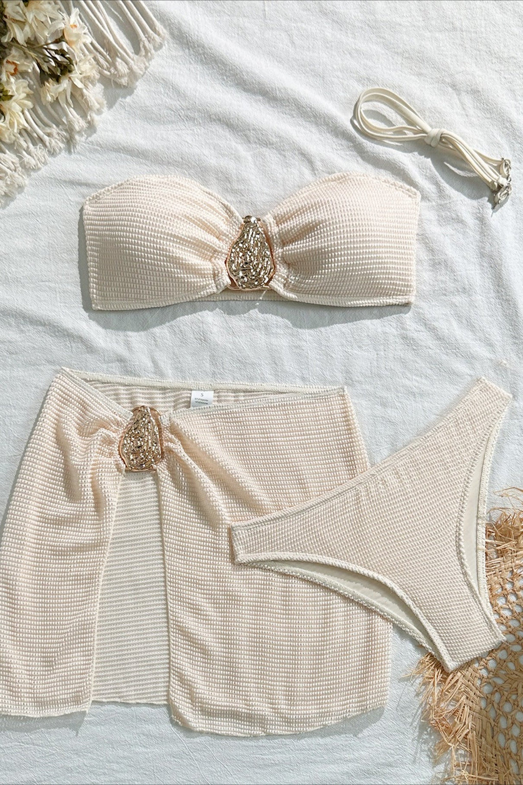Solid Strappy Mini Skirt Three Piece Swim Set