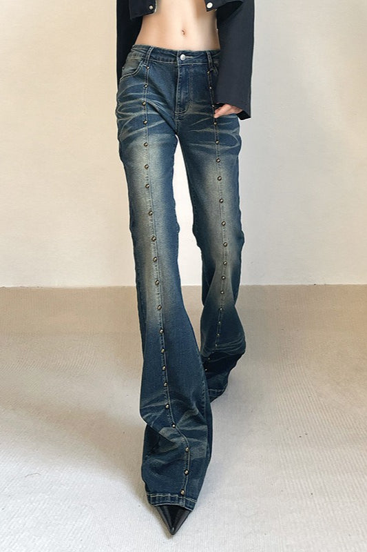 Front Rivet Slim Flare Leg Long Jeans