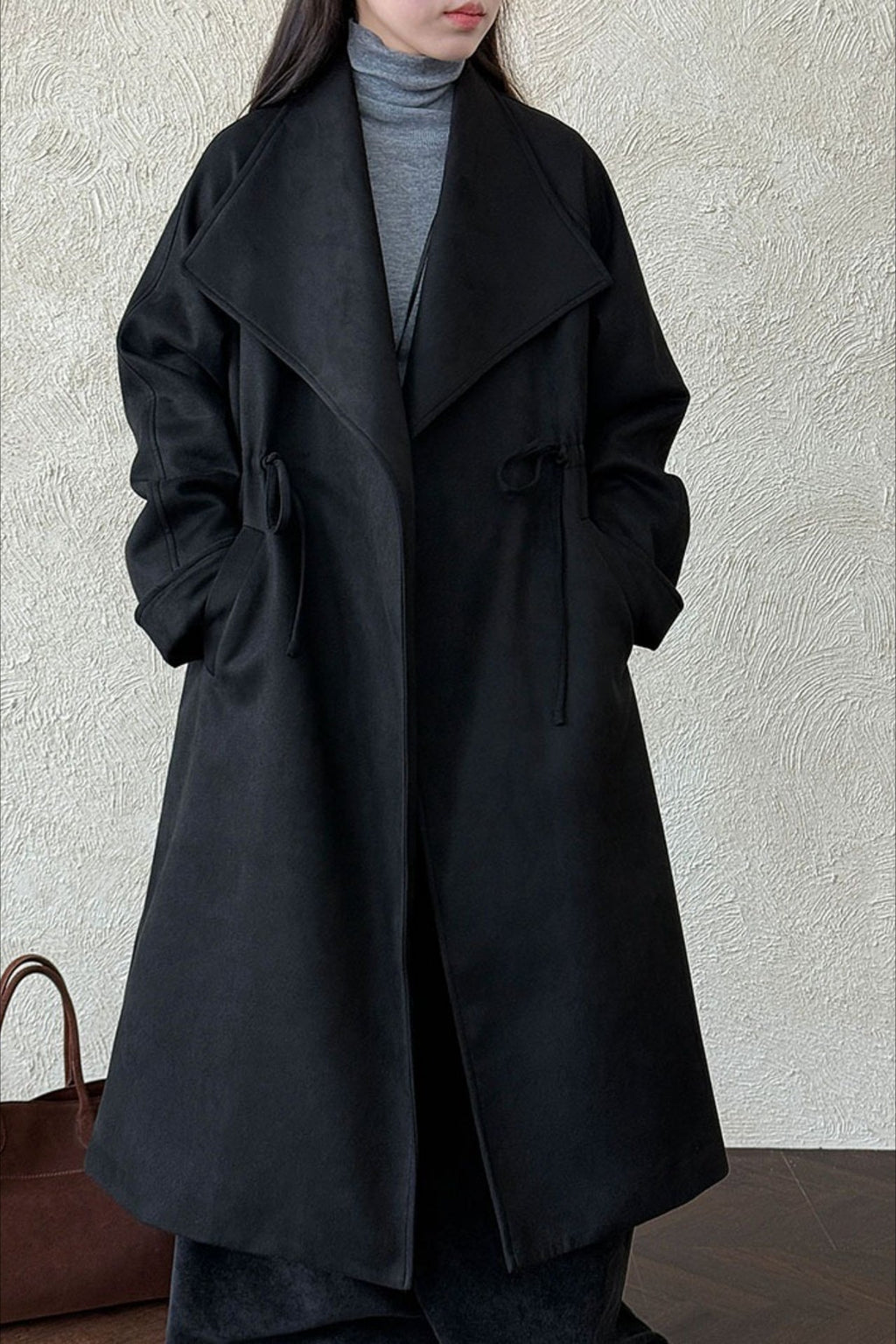 Drawstring Notch Collar Long Relaxed Overcoat