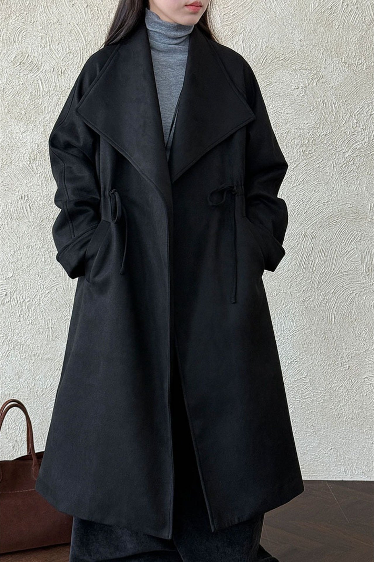 Drawstring Notch Collar Long Relaxed Overcoat