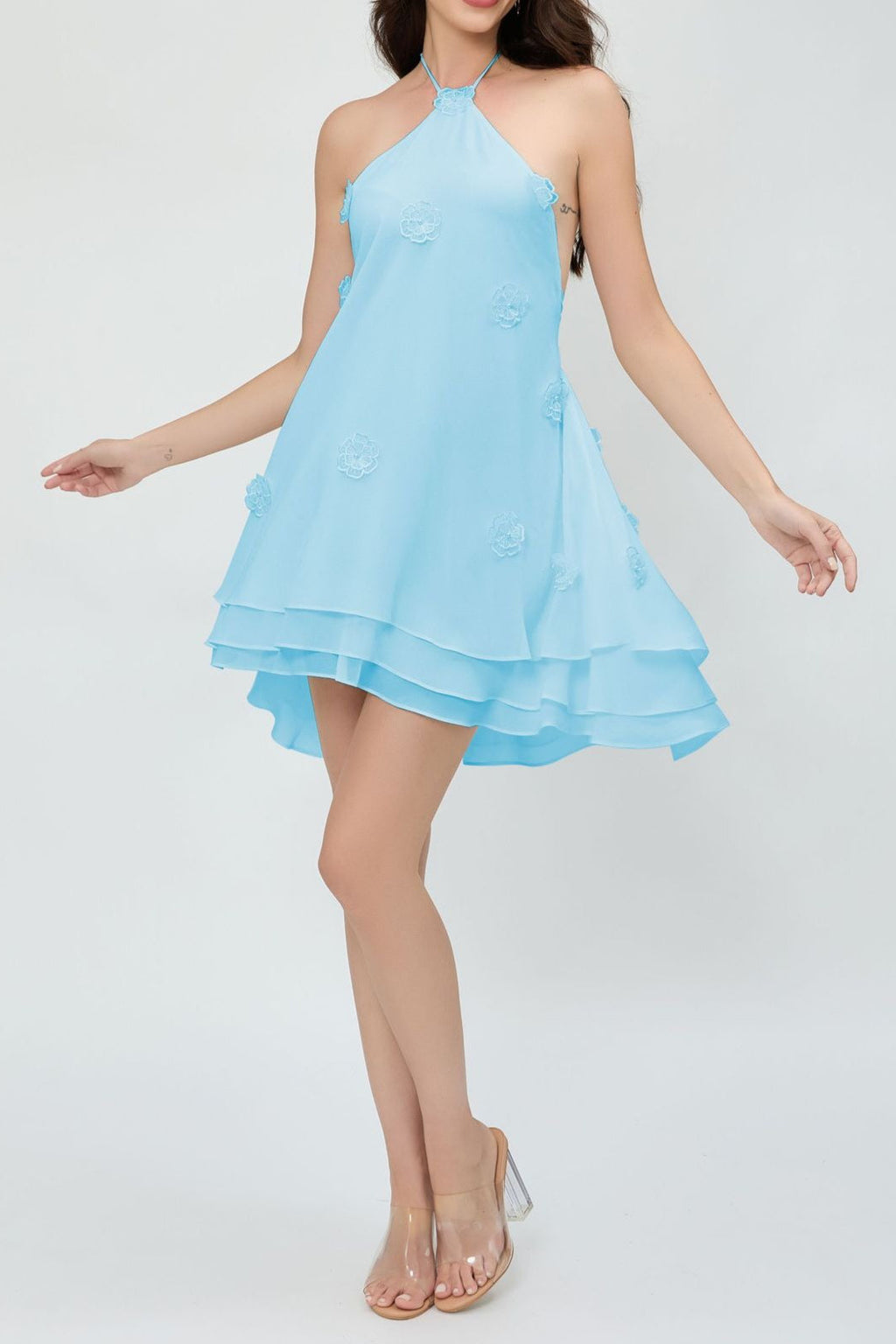 Floral en 3D Gasa Halter Vestido de Cóctel