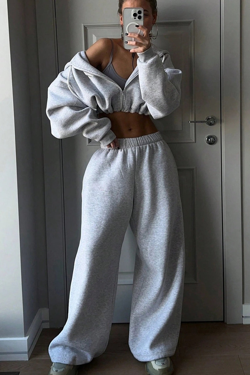 Cropped Zip Hoodie Wide Leg Jogger Set
