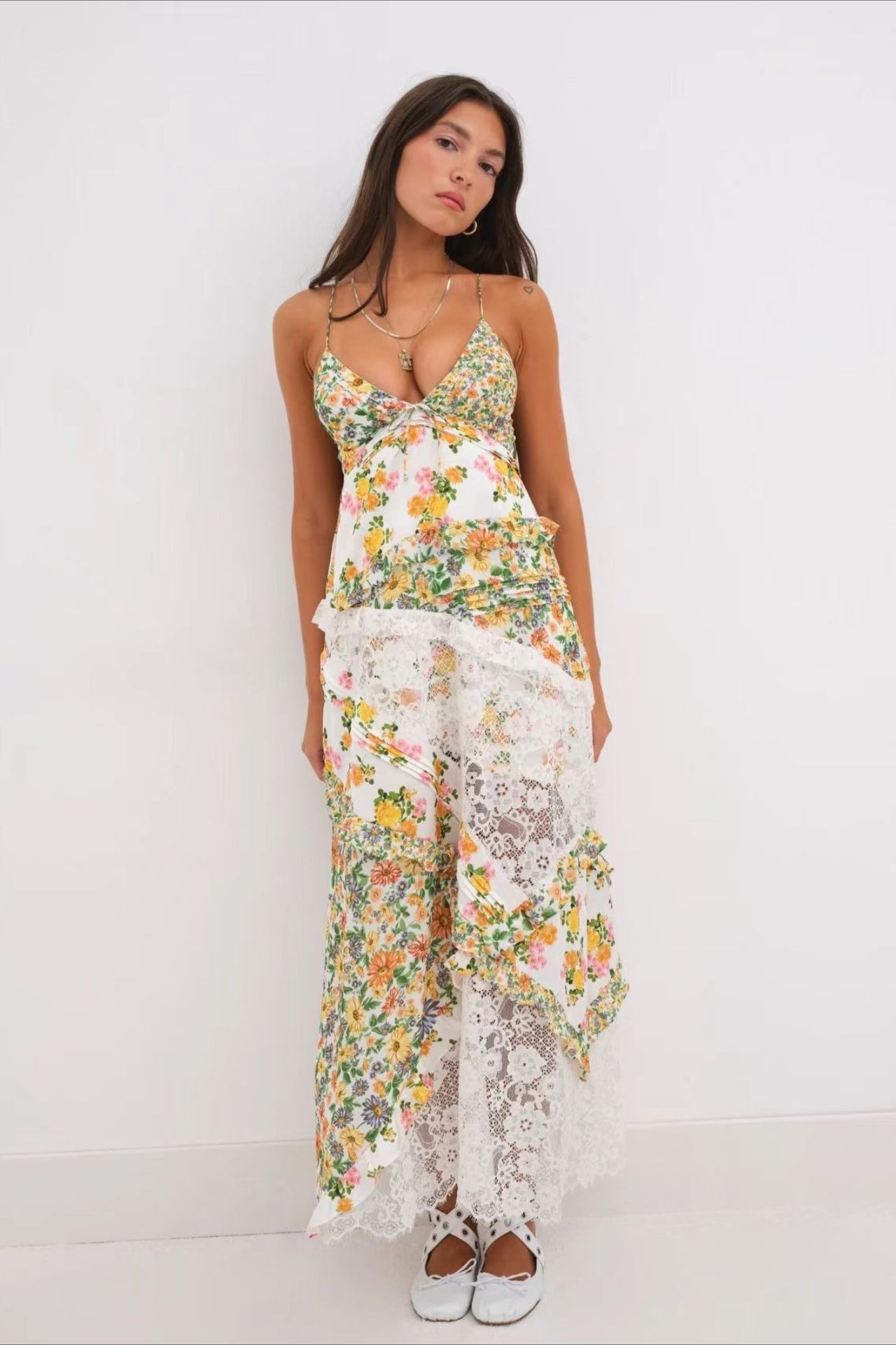 Floral Lace Panel Deep V Spaghetti Strap Maxi Dress