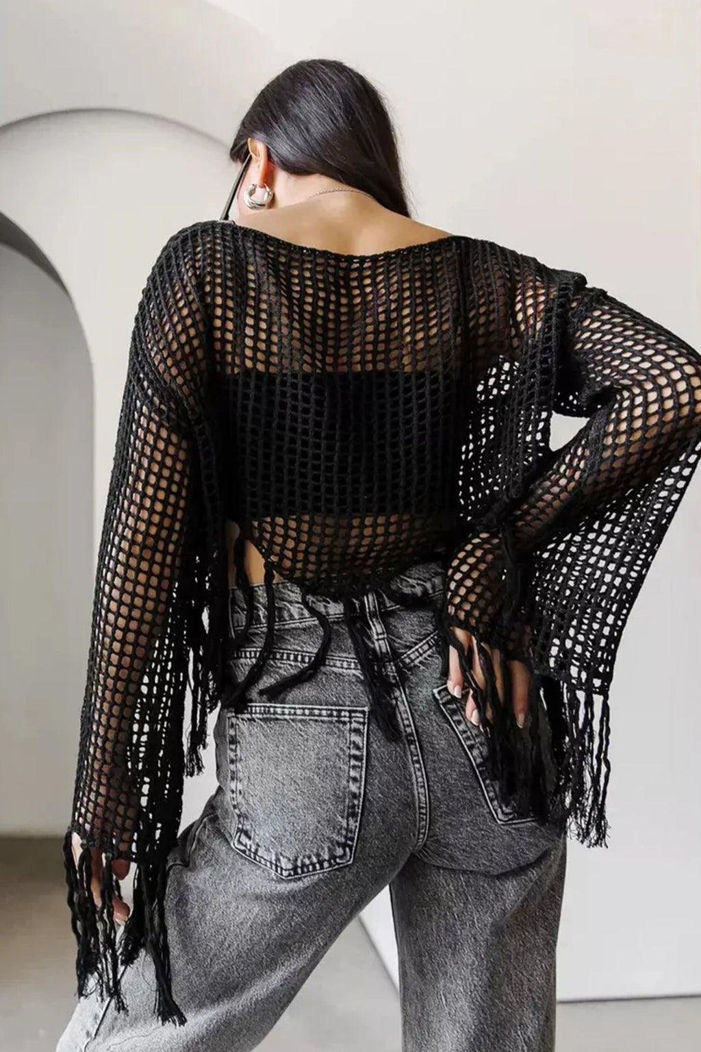 Knit Hollow Out Fringe Hem Chic Cover Up