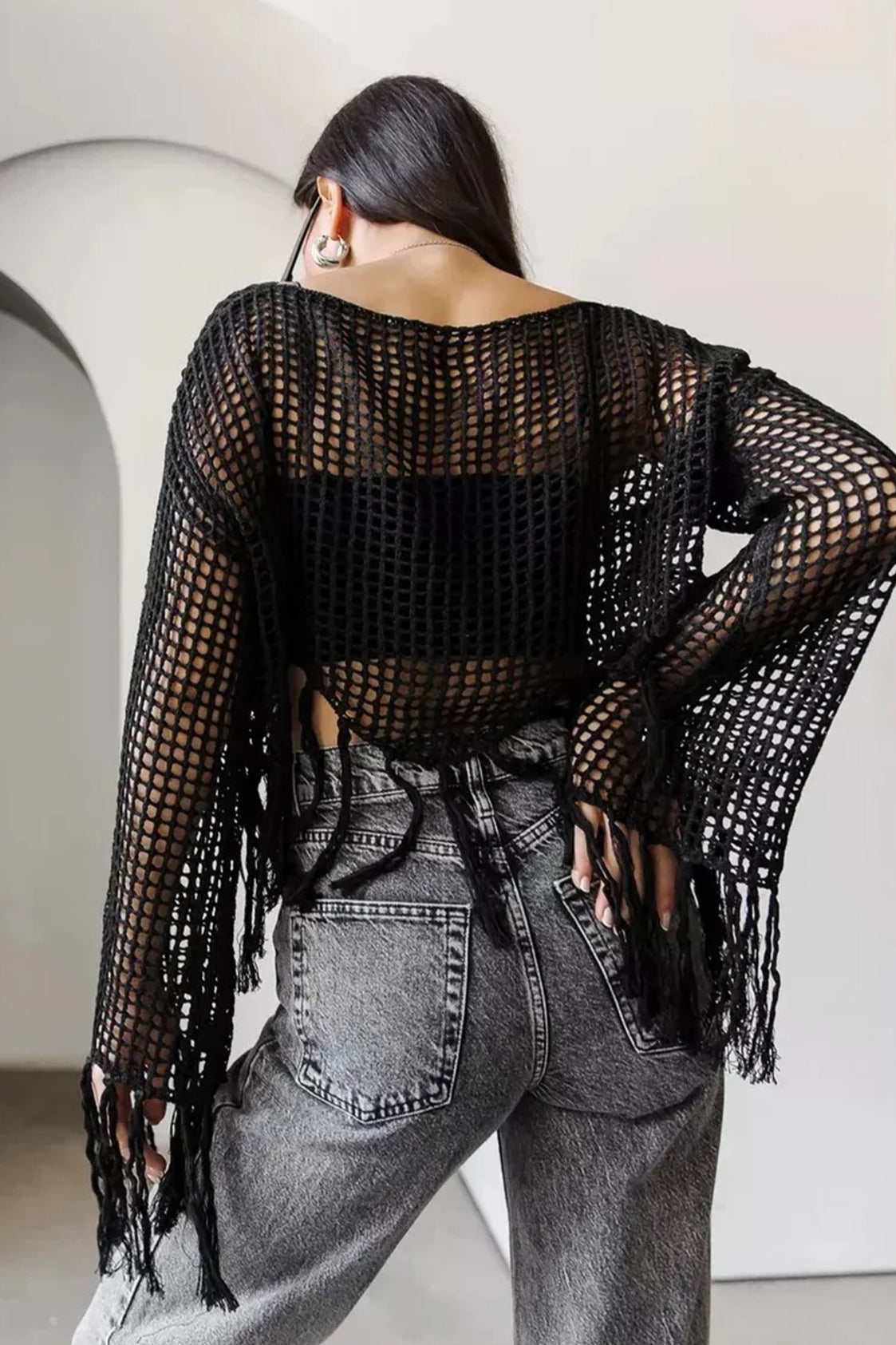Knit Hollow Out Fringe Hem Chic Cover Up