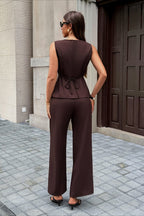 Work set consisting of a sleeveless vest and high-waisted, wide-leg pants