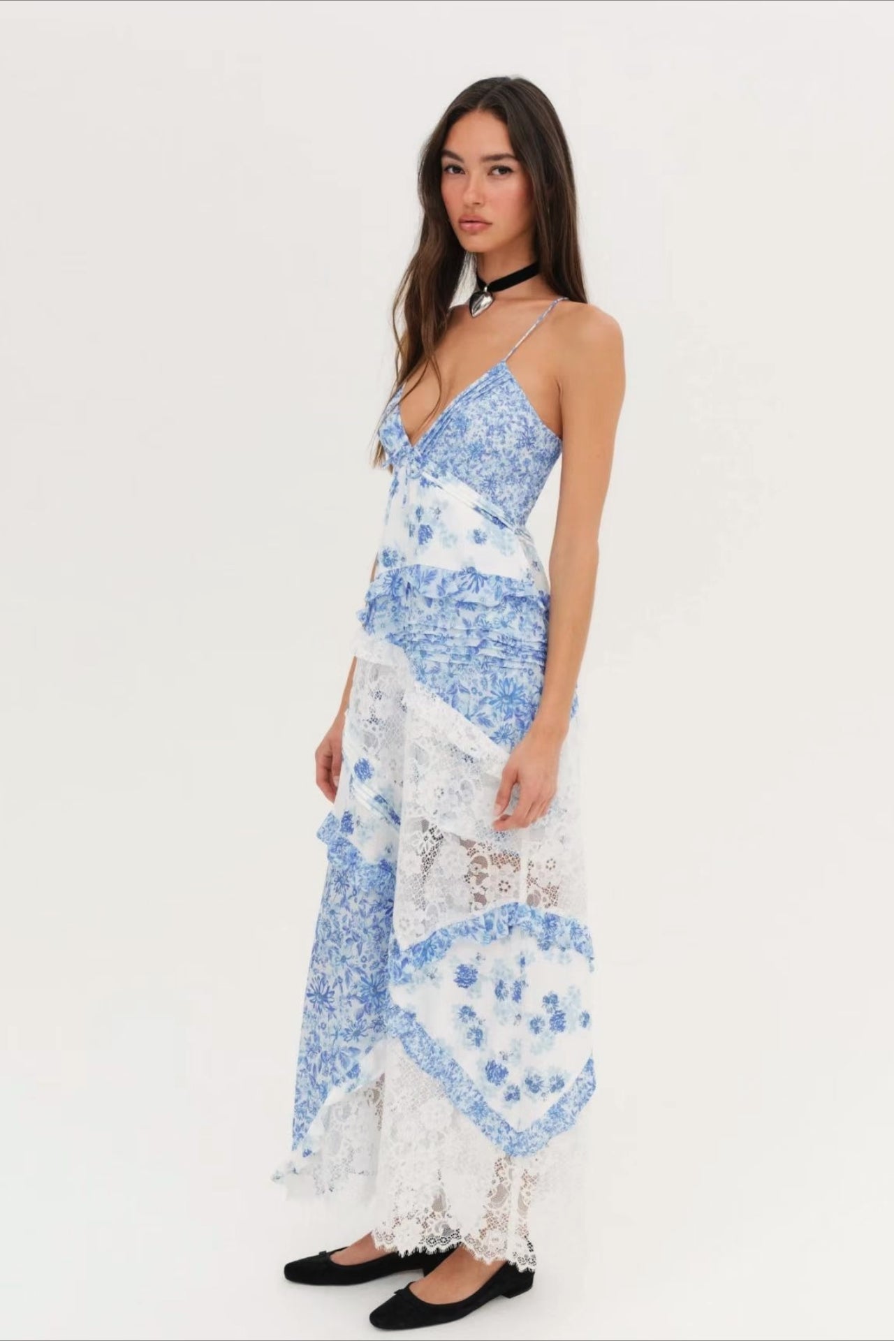 Floral Lace Panel Deep V Spaghetti Strap Maxi Dress