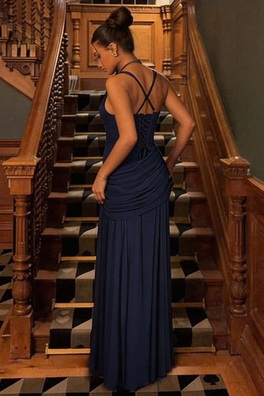 Elegant Solid Color Lace Up Ruched Maxi Dress