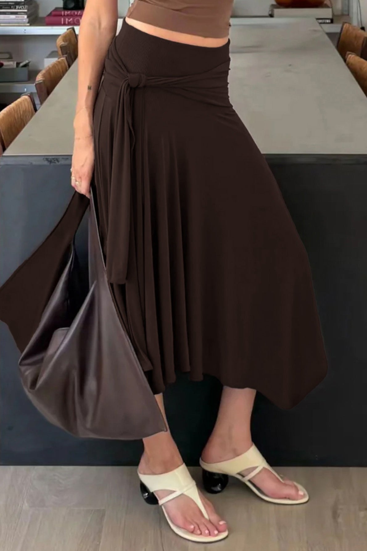 High Waist Tie Detail Asymmetric Skirt