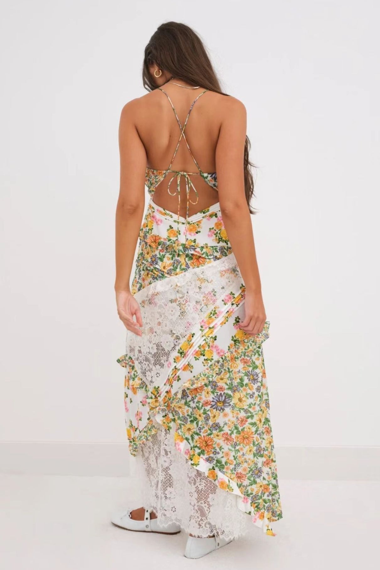 Floral Lace Panel Deep V Spaghetti Strap Maxi Dress