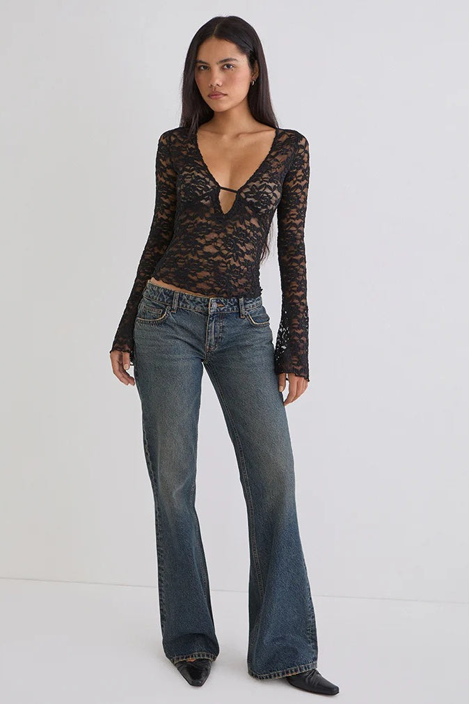 Floral Lace Deep V Long Sleeve Tee