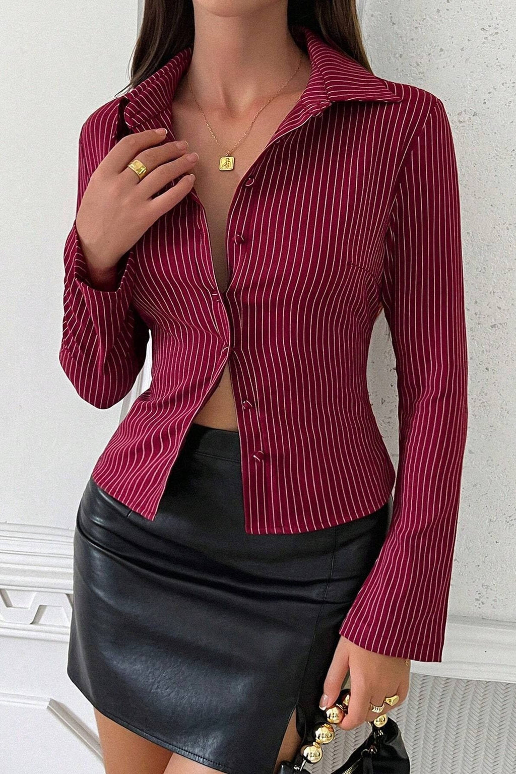 Escote en V A Rayas Manga Larga Blusa