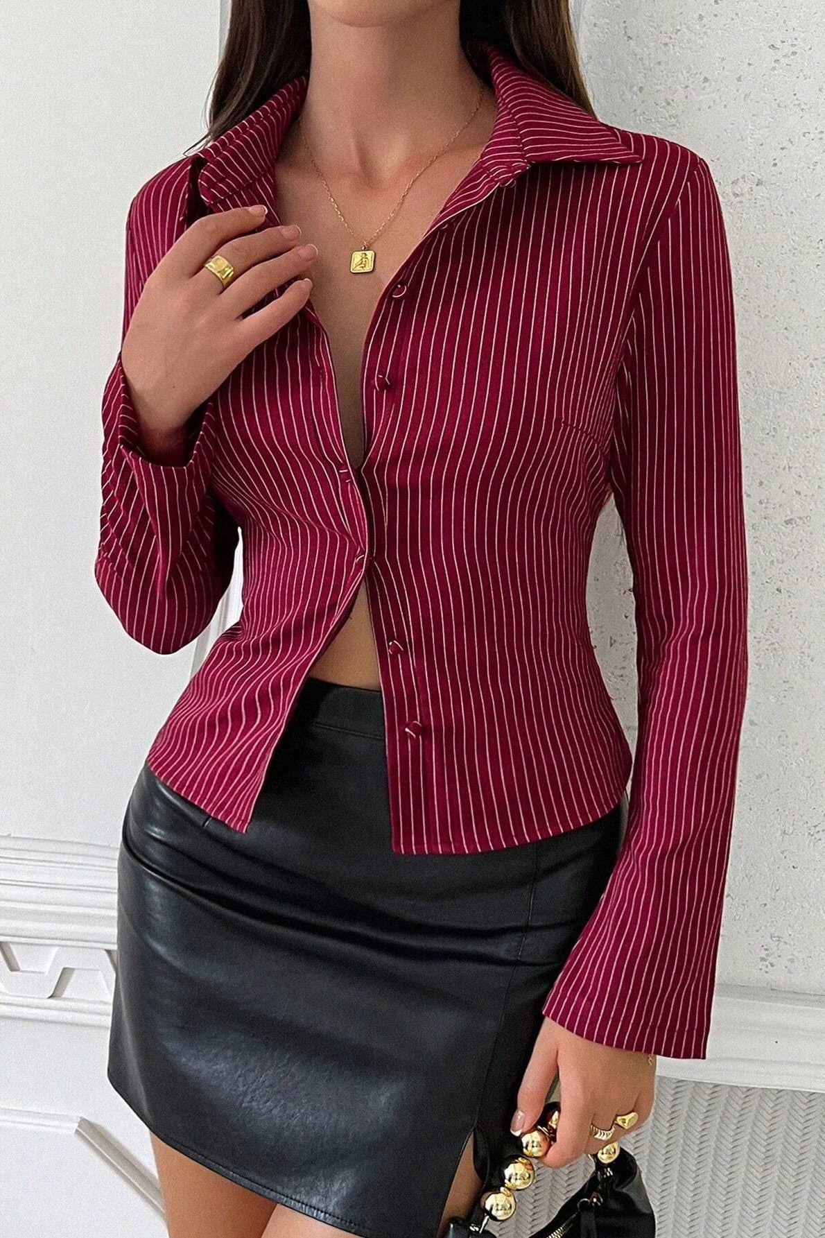 Escote en V A Rayas Manga Larga Blusa