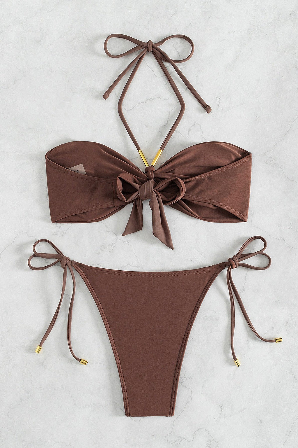 Brown Halter Strapless Side Tie Bikini Set