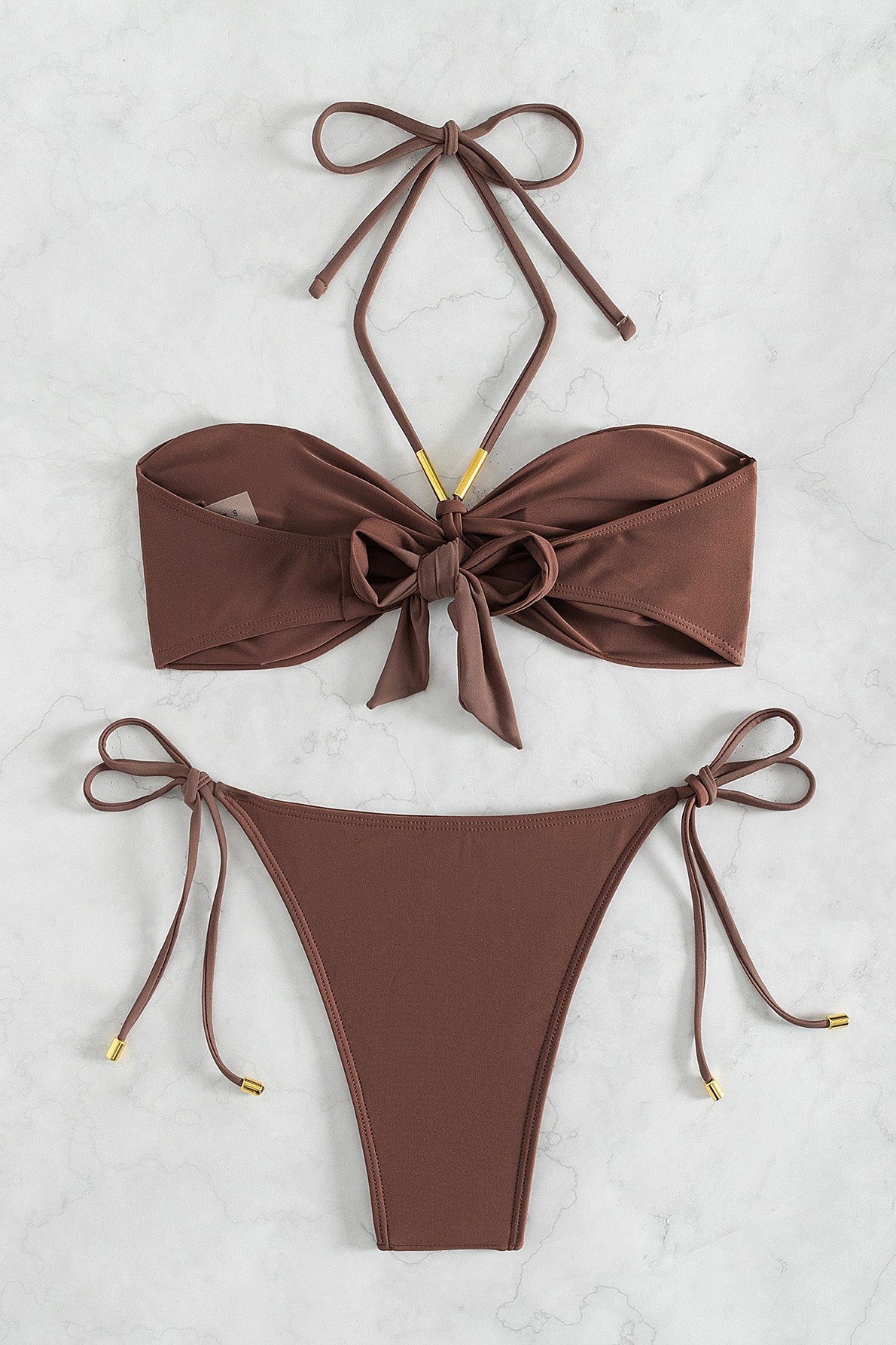 Brown Halter Strapless Side Tie Bikini Set
