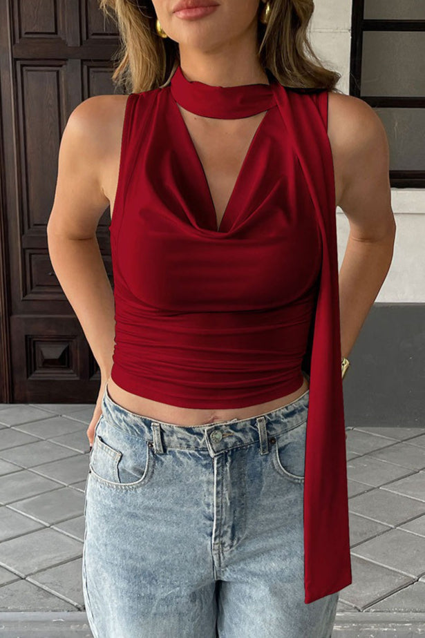 Tie Strap Draped Neck Cinched Crop Top